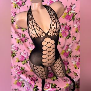 Black lace bodysuit stockings fishnet steampunk goth corset Pinup romper i3